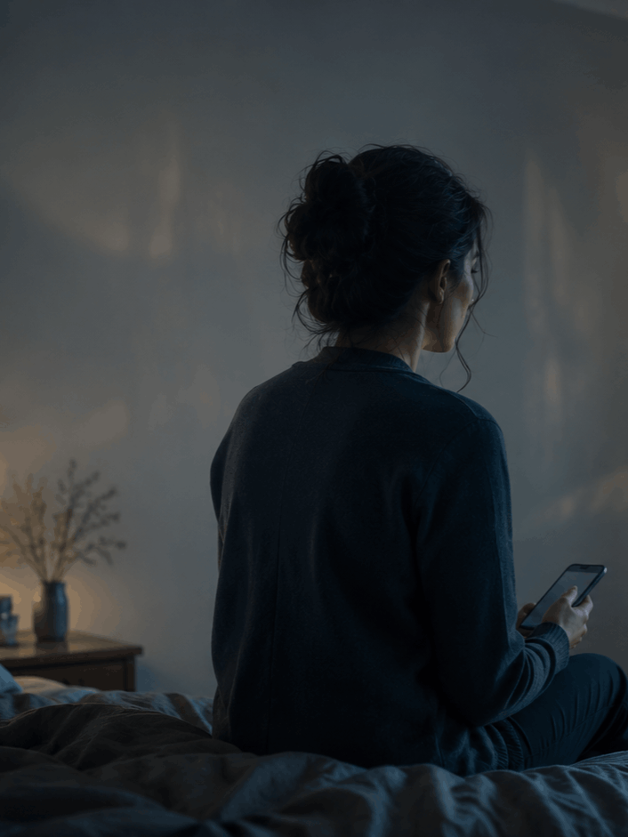 Mujer sentada en la cama al amanecer mirando el móvil tras despertar de un sueño inquietante
