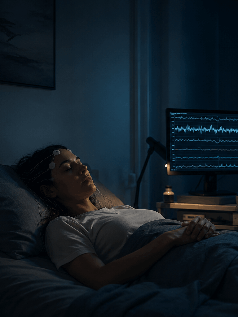 Mujer durmiendo con electrodos en la cabeza y registro de actividad cerebral en pantalla, estudio científico del sueño fase REM