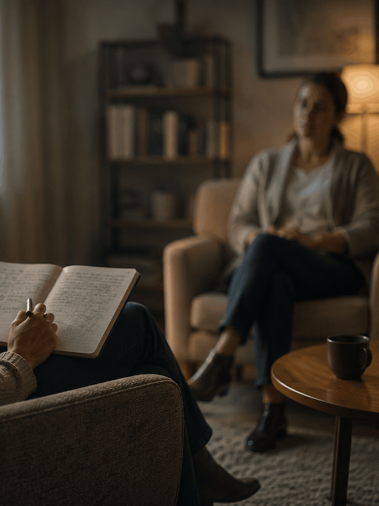 Dos mujeres en consulta de psicoterapia, terapeuta con cuaderno de notas escuchando a su paciente en un ambiente cálido e íntimo